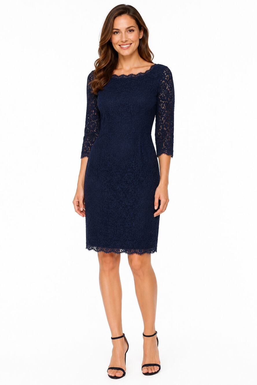 Adrianna Papell Evening Petite Navy Blue 3/4 Sleeve Lace Semi-Formal Dress